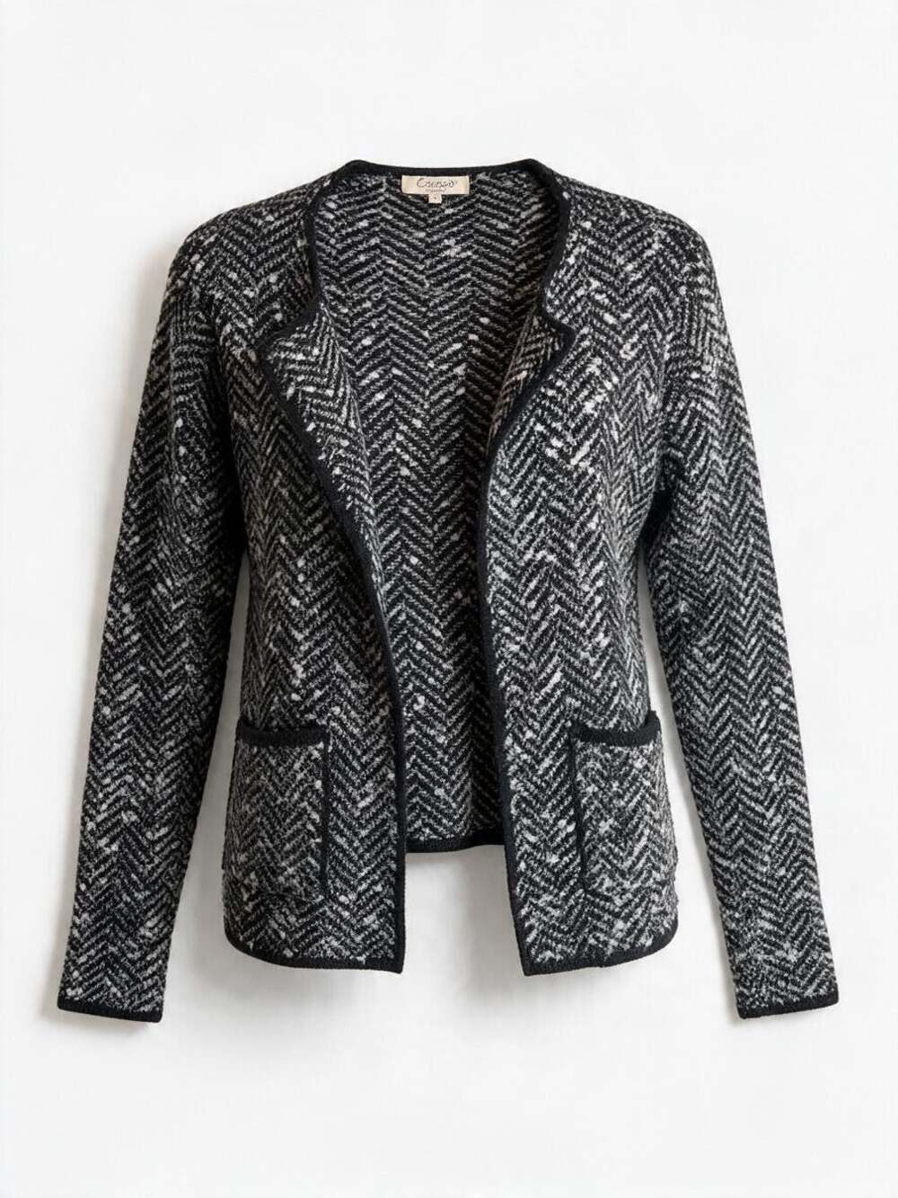 Cocogio Women’s L Black White Herringbone Open Front Cardigan Italy Wool Blend